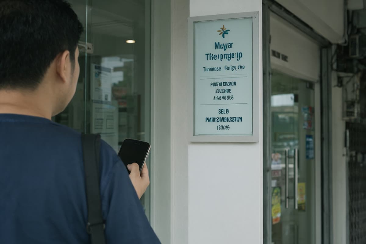 A patient comparing a clinic signboard address with a phone screen outside the entrance