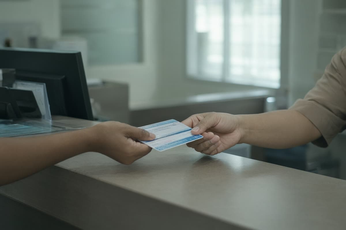 A patient handing an insurance panel card to a clinic receptionist
