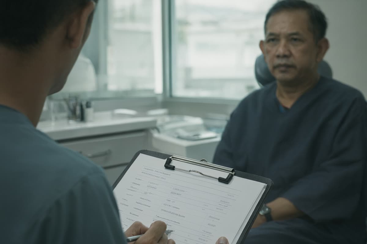 A dentist writing an itemised treatment estimate for a patient at the desk