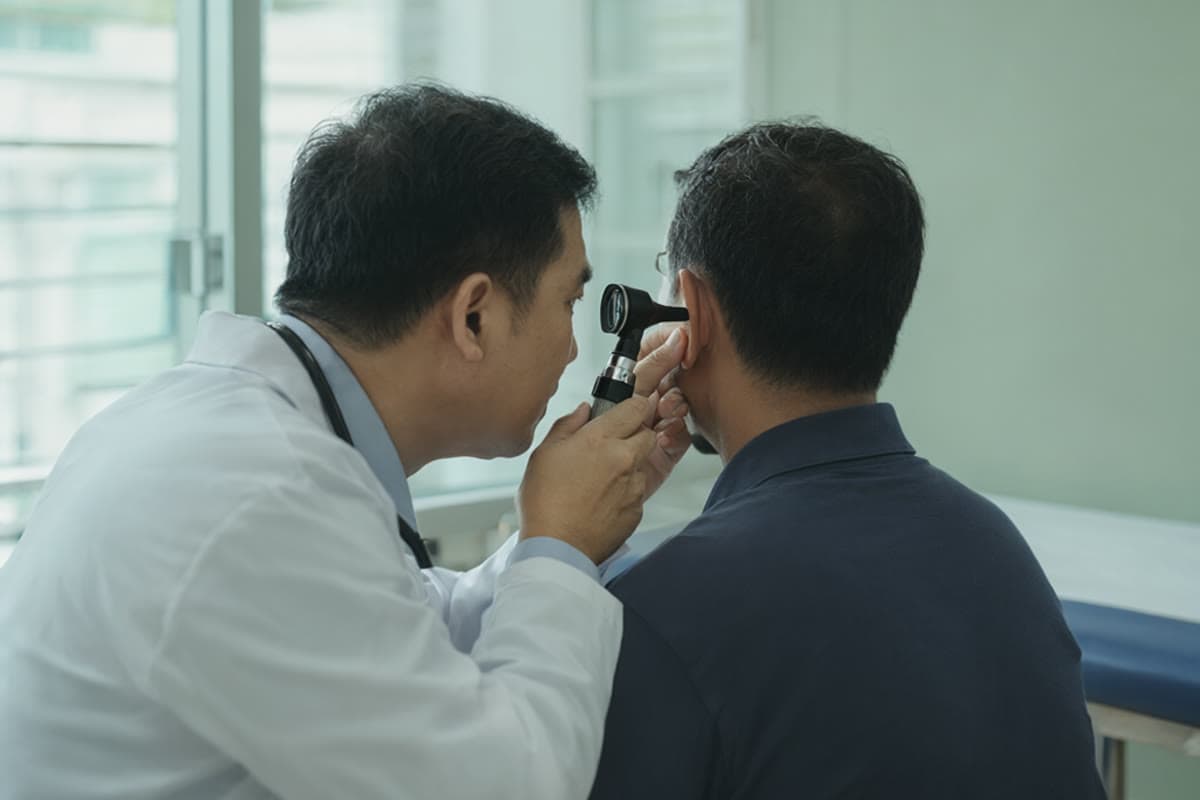 A Malaysian doctor examining a patient's ear with an otoscope in a bright clinic room