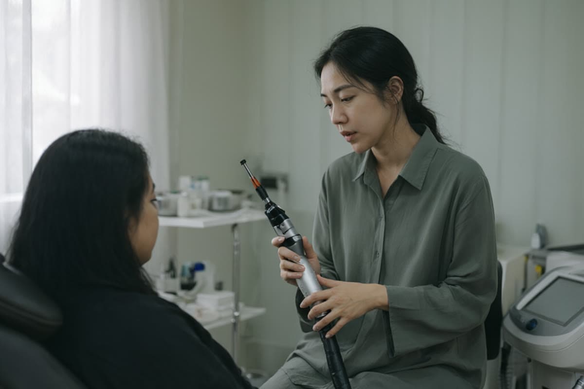 A practitioner explaining a laser handpiece and settings to a patient in a treatment room