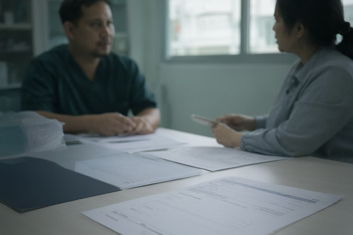 A patient spreading referral letters and reports on a consultation table
