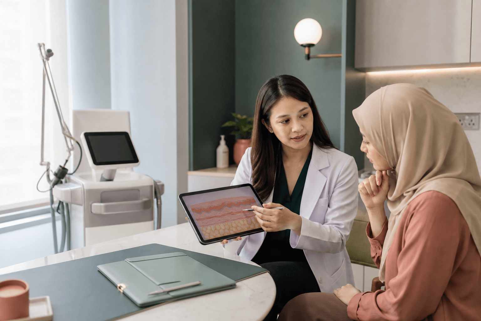 A doctor explaining an abstract skin diagram during an acne-scar consultation