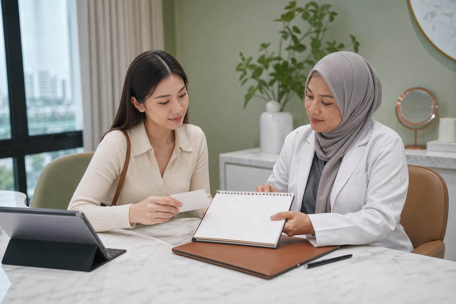 A doctor and patient planning aesthetic aftercare and return visits