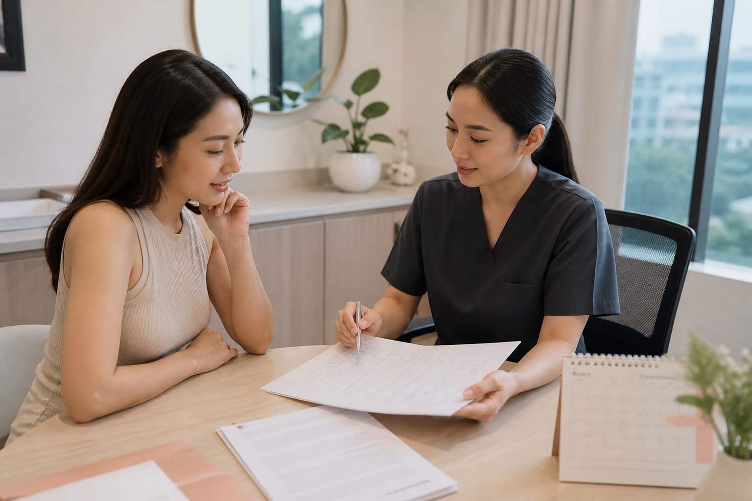 A patient reviewing consent, cost and follow-up information with a doctor