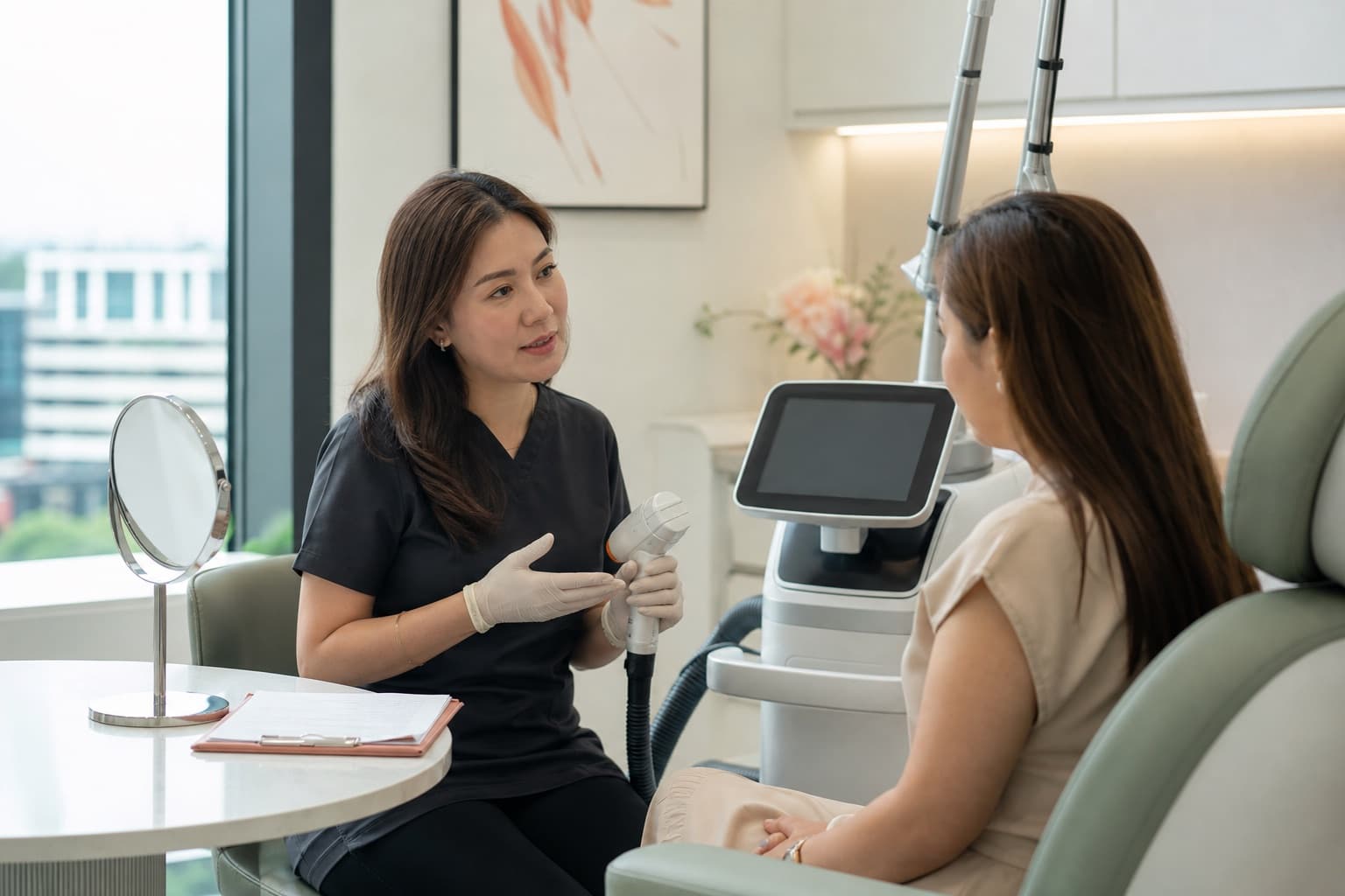 A medical practitioner explaining an aesthetic device before any procedure