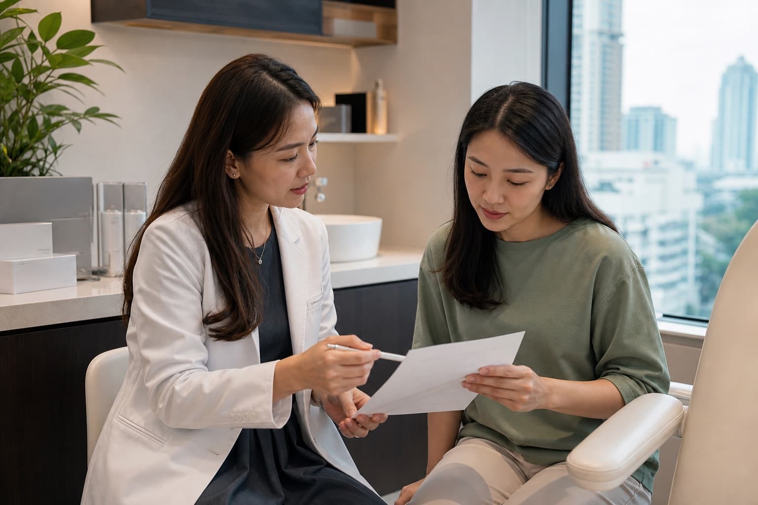 A doctor and patient reviewing an injectable aesthetic consultation checklist