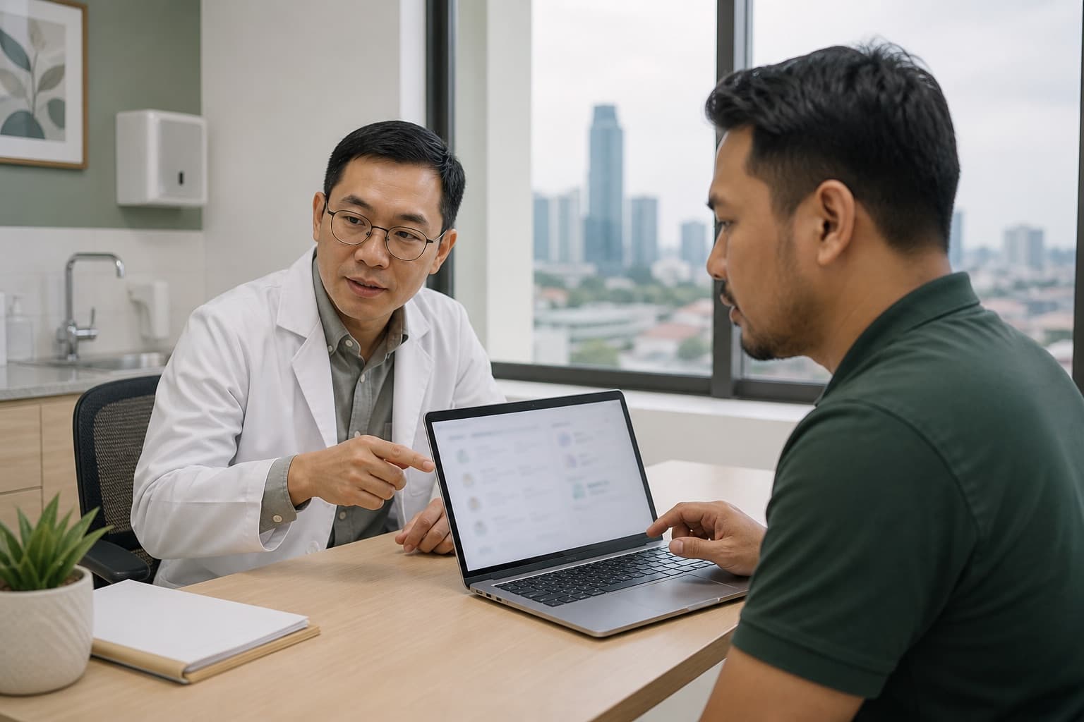 A patient checking official practitioner and clinic records with a doctor