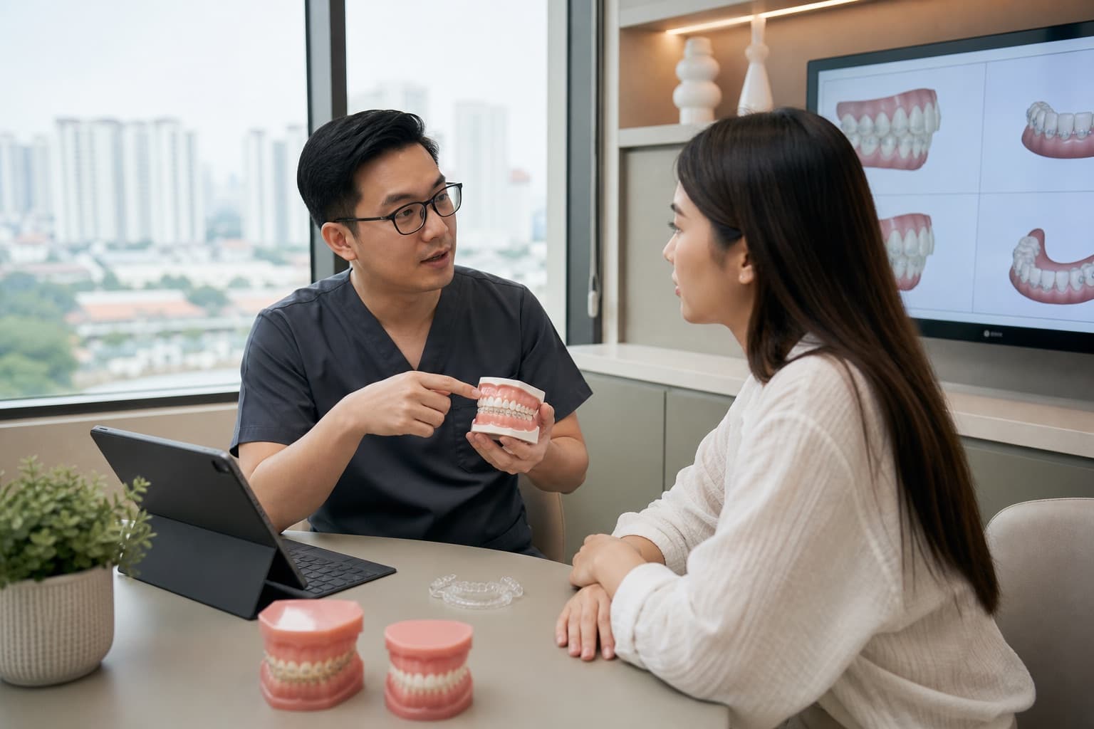 A dentist and patient discussing orthodontic options using a dental model