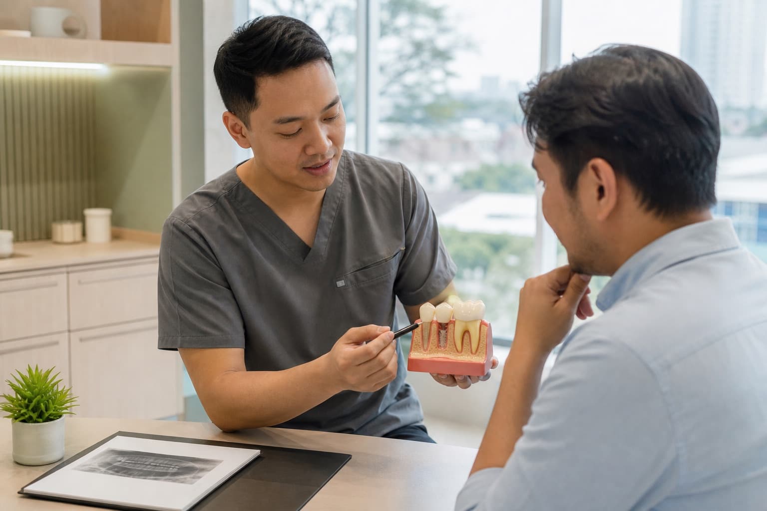 A dentist explaining a restorative dental treatment plan to a patient