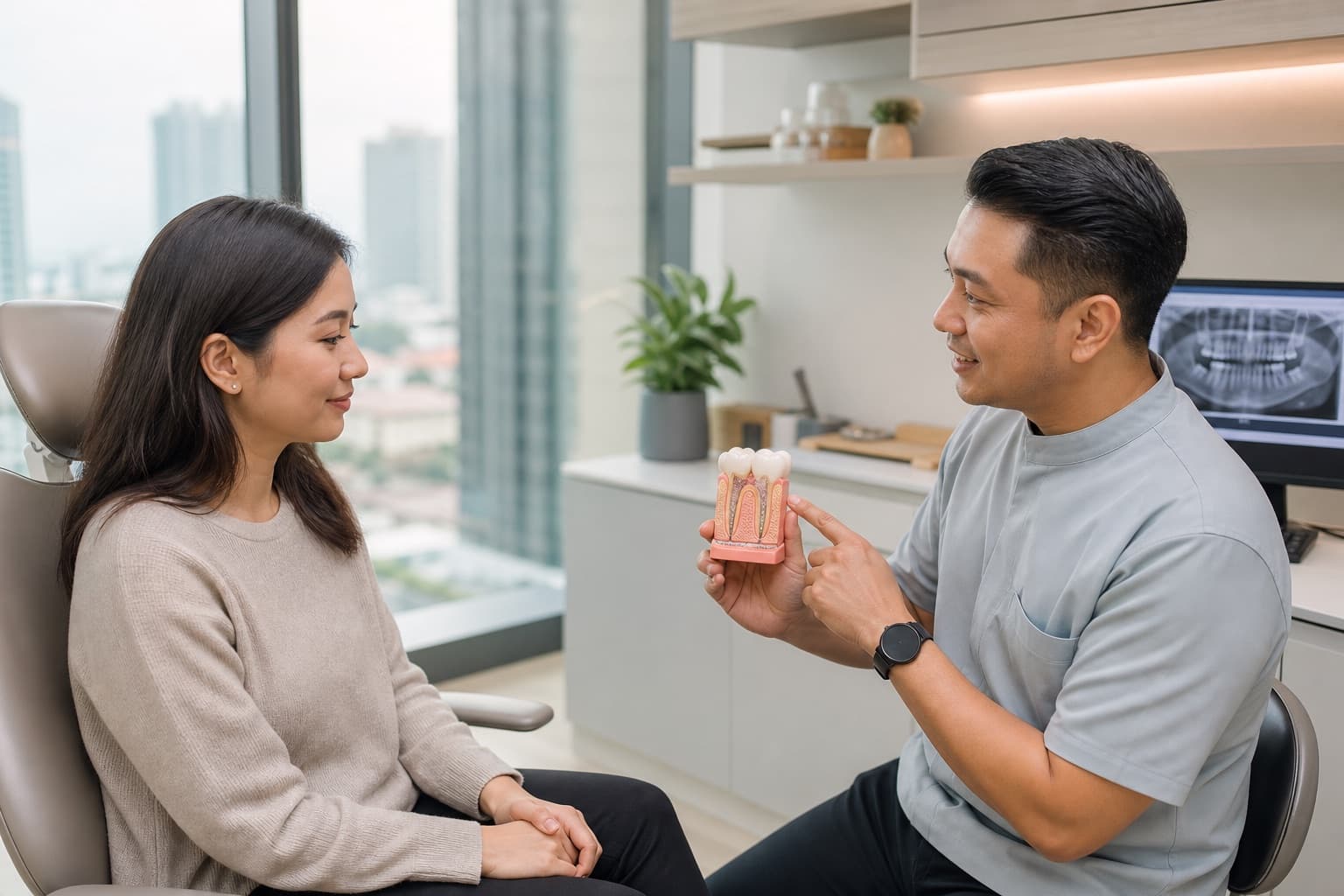 A dentist calmly explaining the next steps for a same-day dental assessment