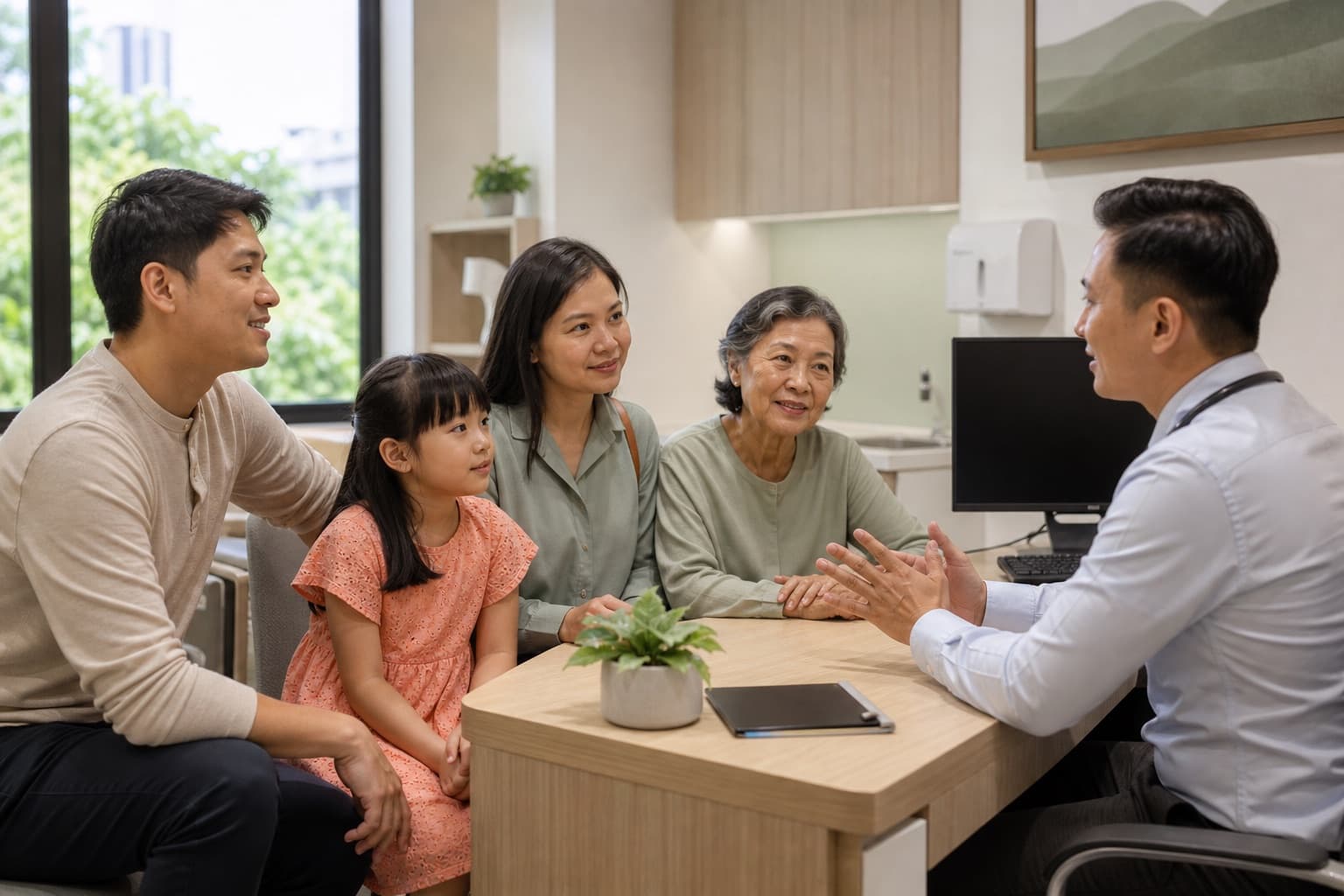A Malaysian family discussing continuity of care with a general practitioner