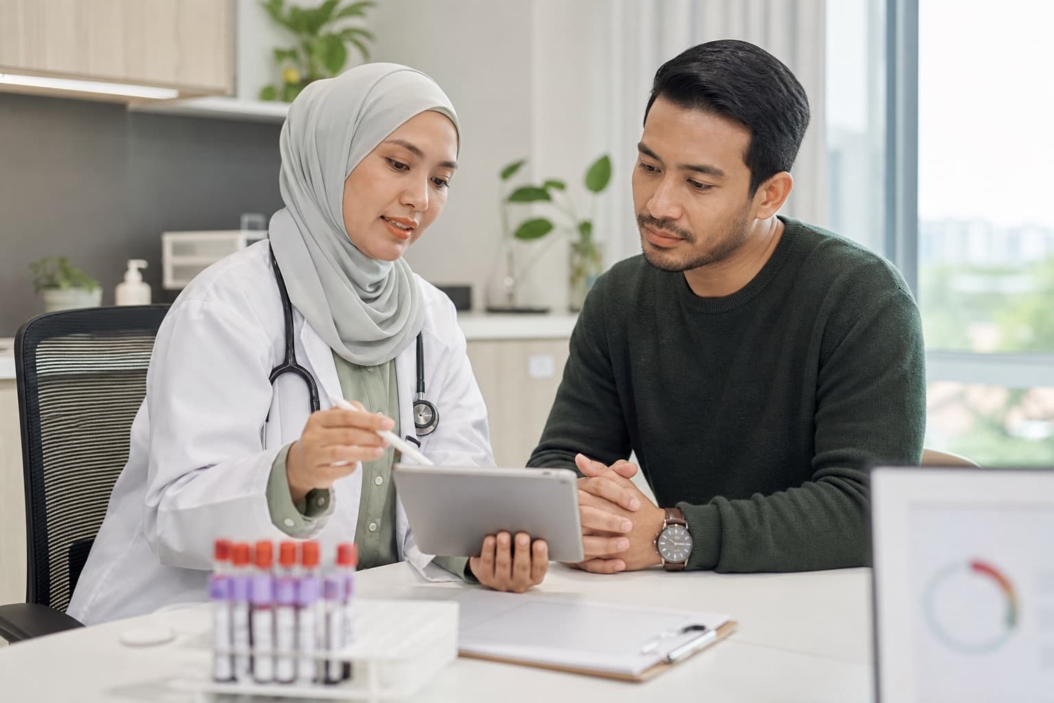 A doctor explaining a health-screening and results process to a patient
