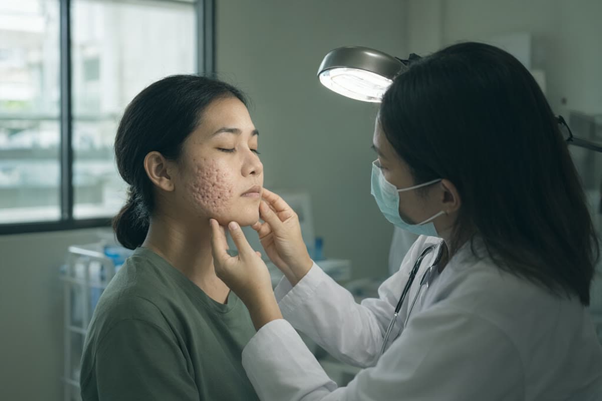 A doctor assessing acne scarring on a patient's cheek under clinic lighting