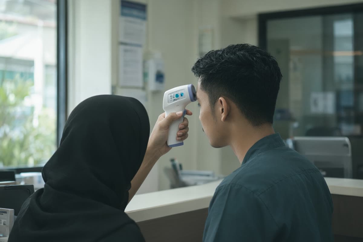 A Malaysian adult having their temperature checked at a clinic counter