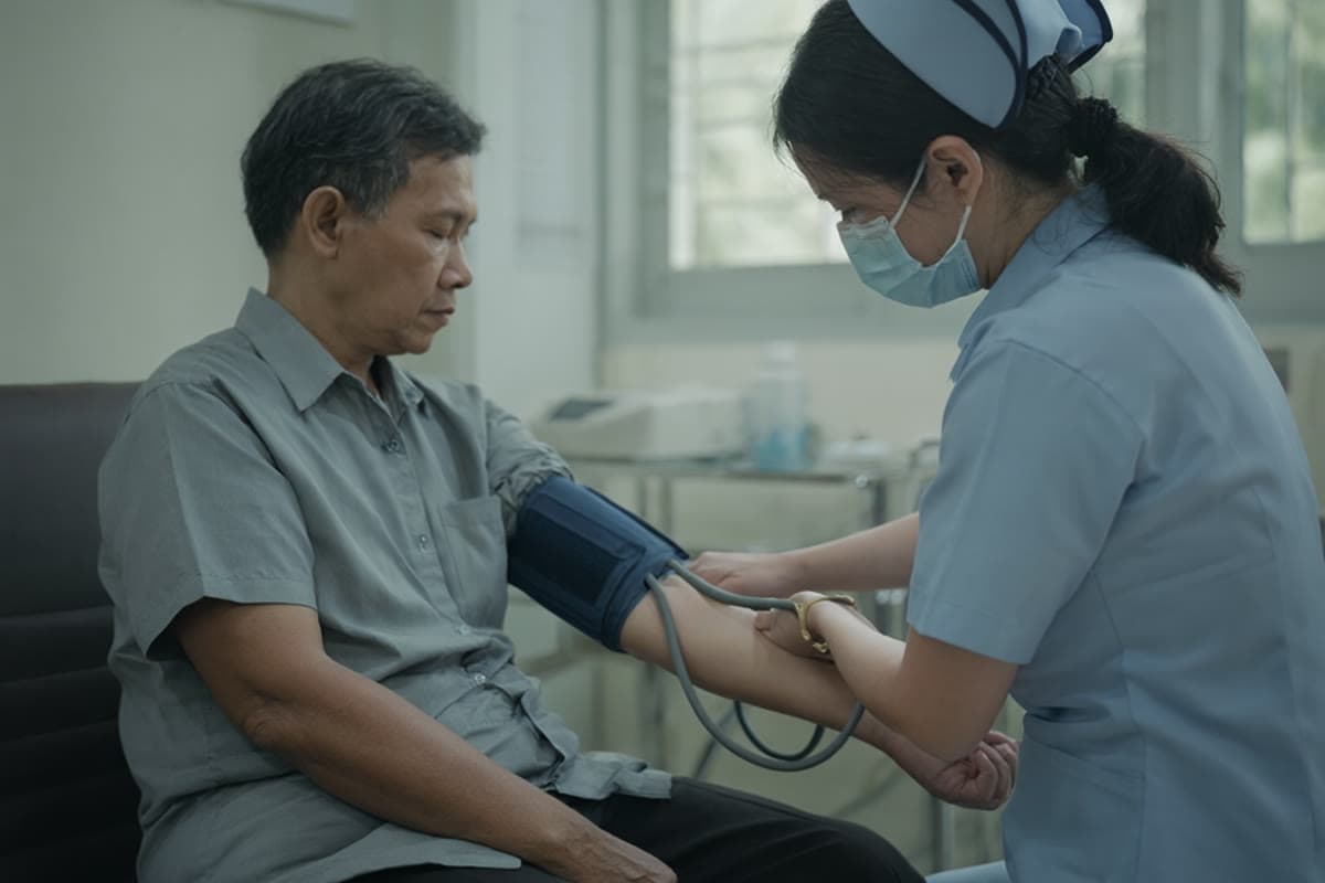 A nurse fitting a blood-pressure cuff on a seated patient's arm