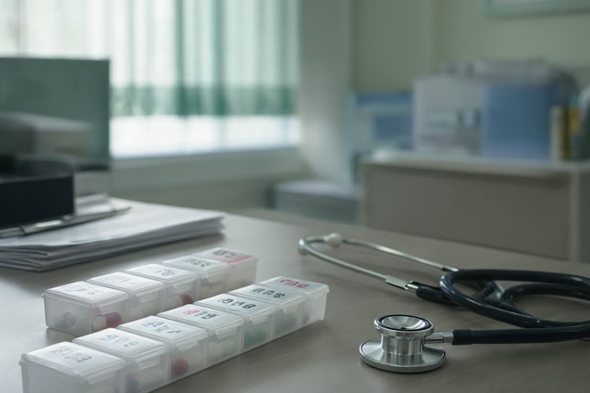 A patient's home blood-pressure log and medicine boxes on a clinic consultation desk