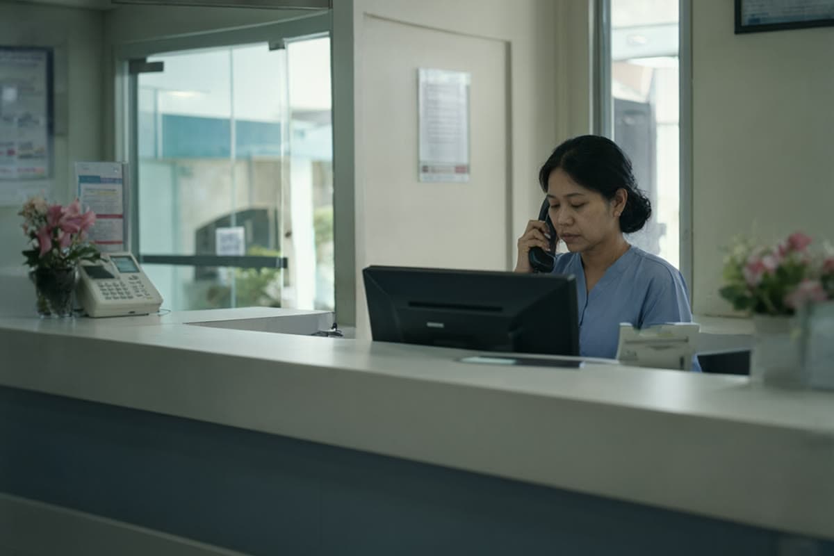 A clinic front desk with a queue number screen and a receptionist on the phone