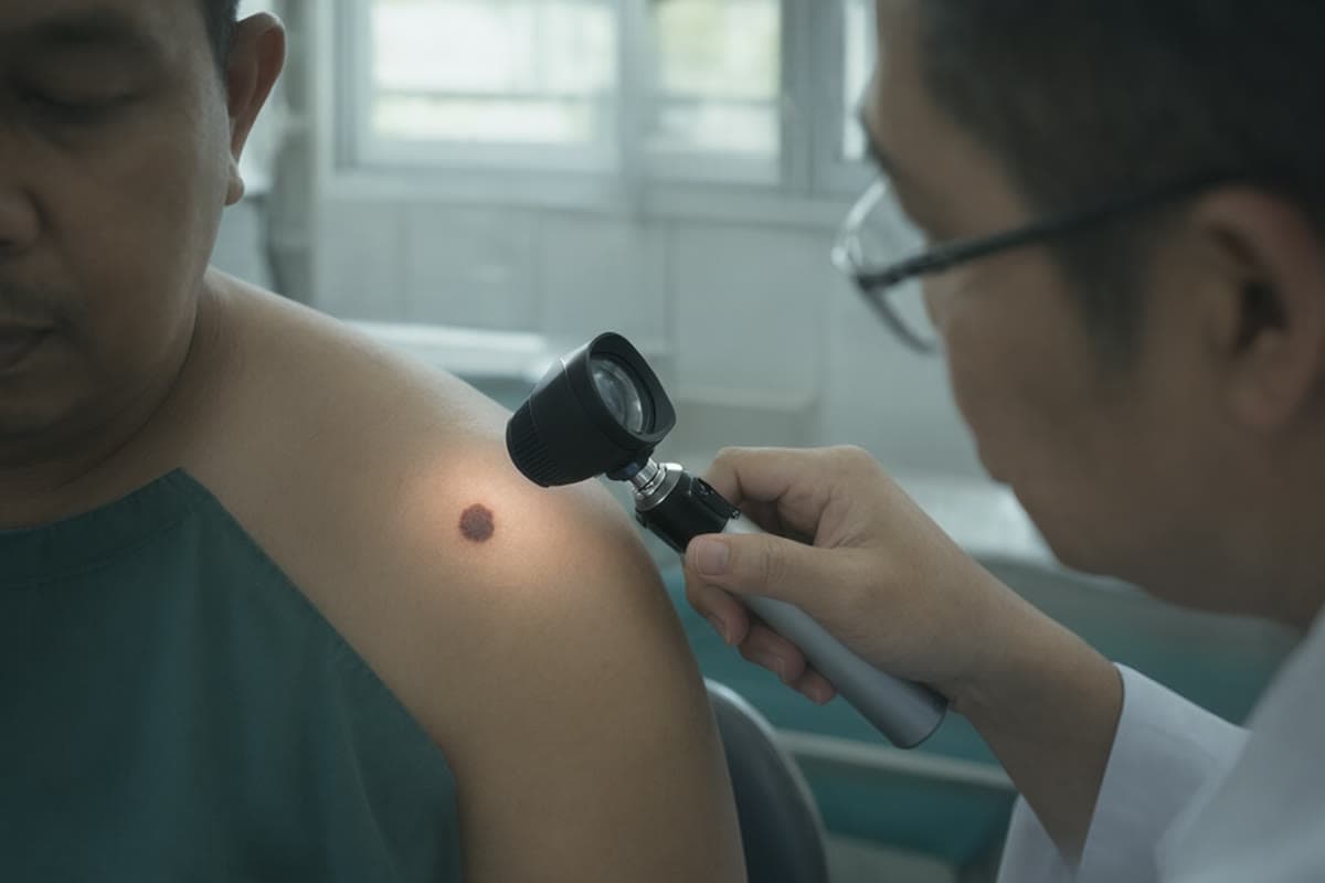 A doctor using a dermatoscope to examine a mole on a patient's shoulder