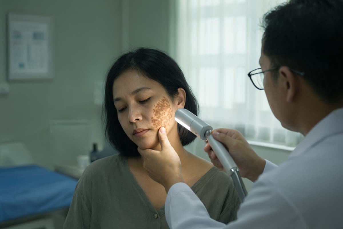 A doctor examining pigmentation on a patient's face with a bright task lamp