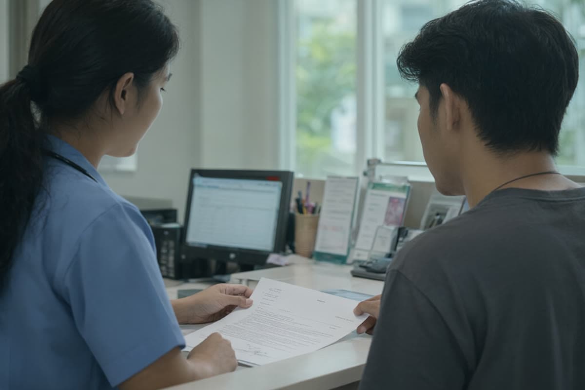 A clinic receptionist checking a pre-employment medical letter with a young adult
