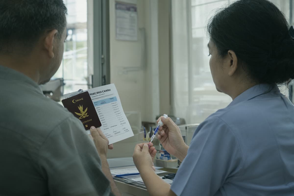 A nurse preparing a travel vaccine while the patient holds a passport and itinerary